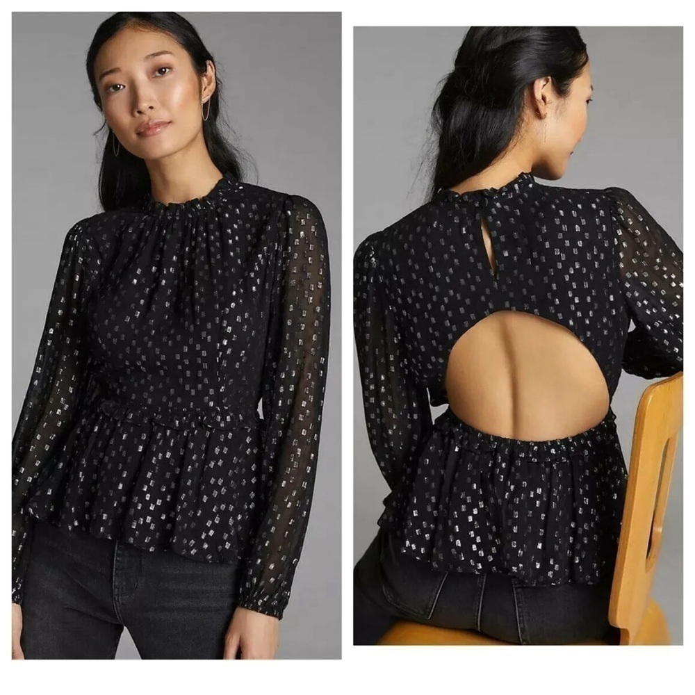 Anthropologie Shirt Womens Small Black Silver Shimmer Mock Neck Open Back New